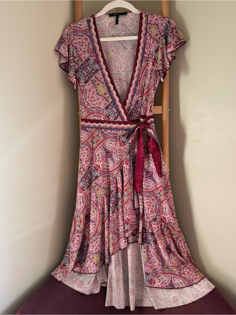 BCBGMaxAzria Pink Paisley High-Low Wrap Dress